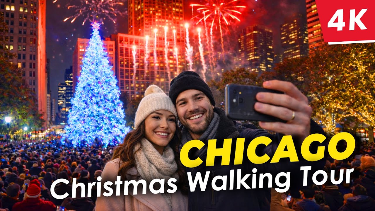 [4K] 🇺🇲🎄 Downtown Chicago Christmas lights and decorations - Cinematic Night walk