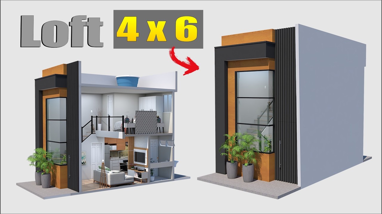 Mini Loft 4x6 com fachada moderna pé direito alto
