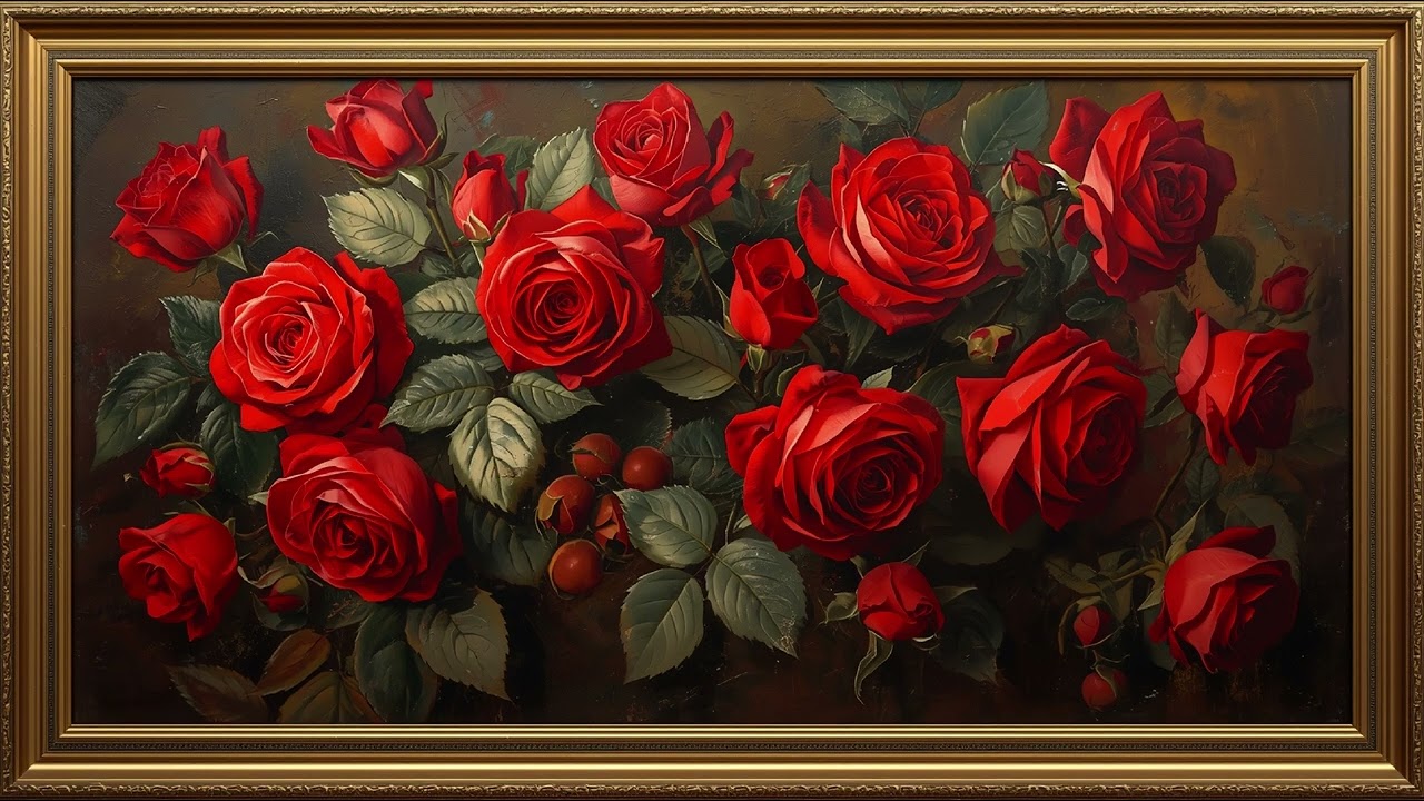 Red Roses Romantic Vintage Frame Art Screensaver, 4K Vintage Gold Frame Oil Painting, Moody Flowers