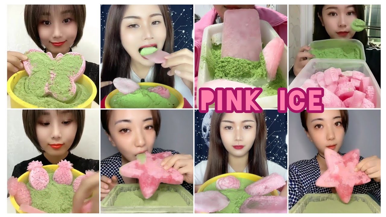 ASMR: Heavy Matcha ice | Bites only |Pink hard ice eating | carbonated ice |V-Good crunchy ice