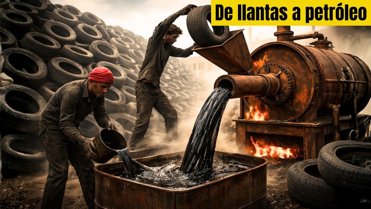 Cómo neumáticos viejos se transforman en petróleo dentro de una fábrica