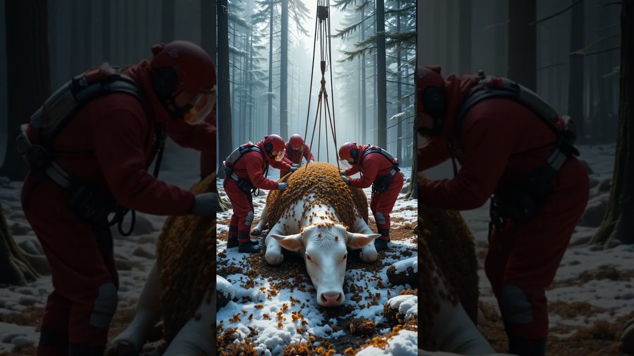 Cow Rescue Operation in Snowy Forest Covered with Bees &ndash; Wildlife Emergency Scene