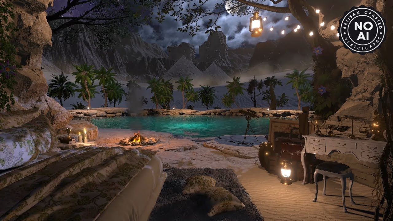 Desert Oasis Cave | Night Ambience | Campfire, Wind, Water & Nature Sounds