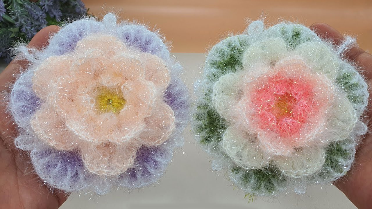 [수세미코바늘] 활짝 핀 장미꽃 평면 수세미 뜨기 crochet coaster