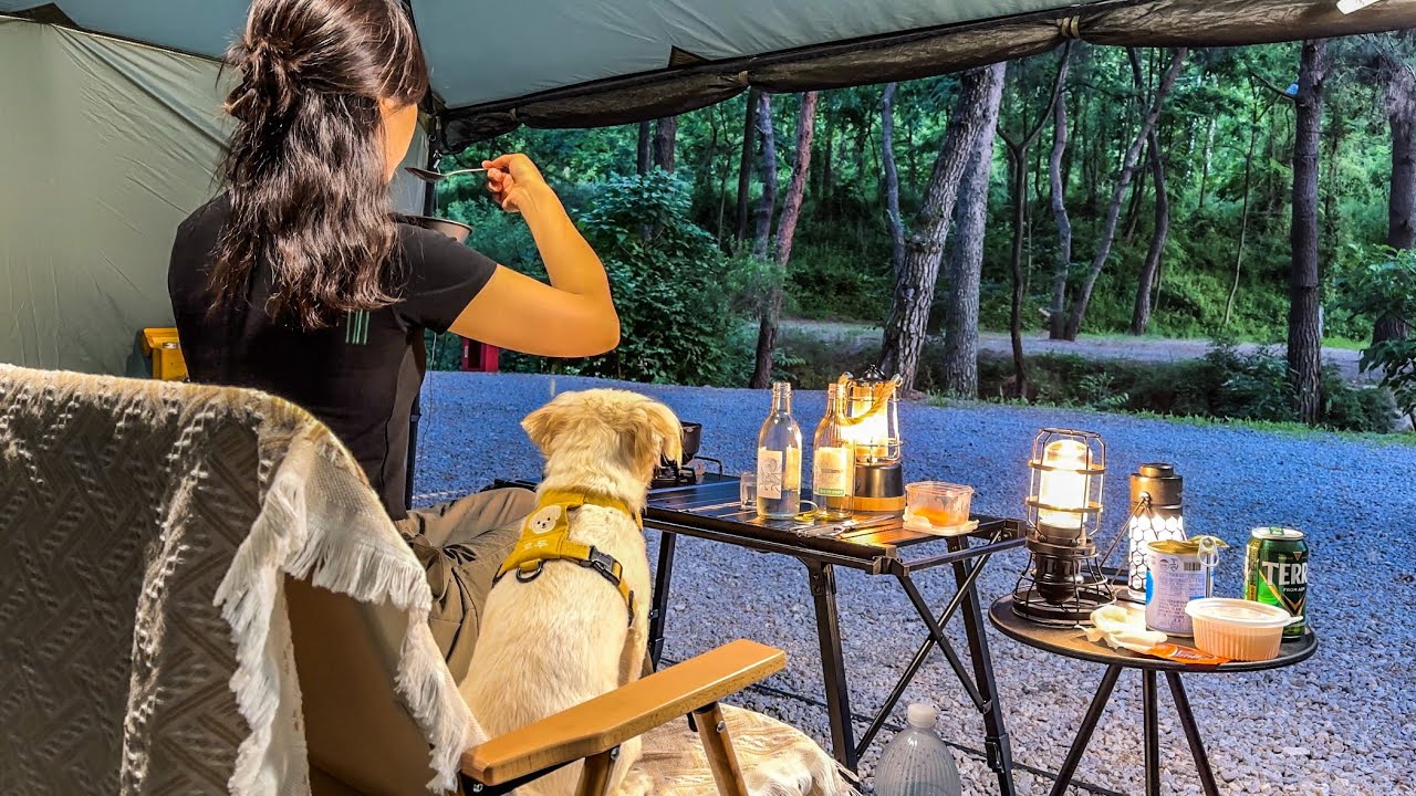 아무도 없는 숲속에서 즐기는 혼술 캠핑 브이로그 | 숯불에 곱창 구워 소주 3병 호로록🤤 초간단 캠핑요리 골뱅이탕 만들기