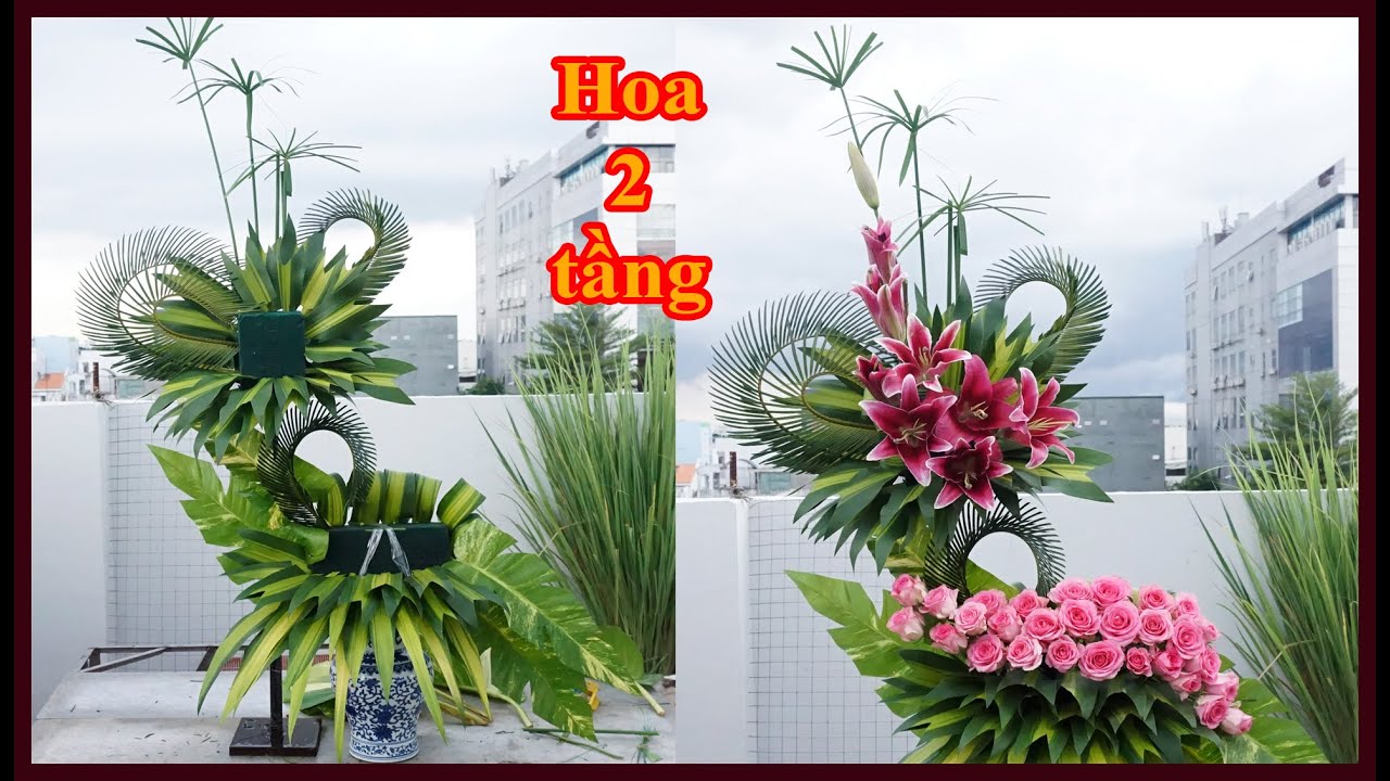 Hướng dẫn cắm lẳng hoa 2 tầng để bàn thờ Hoa Hồng mix Hoa Ly hồng