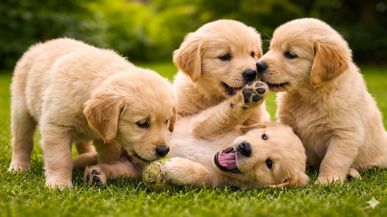 Adorable dog family playing on the grass - Dog barking sounds - Dog videos