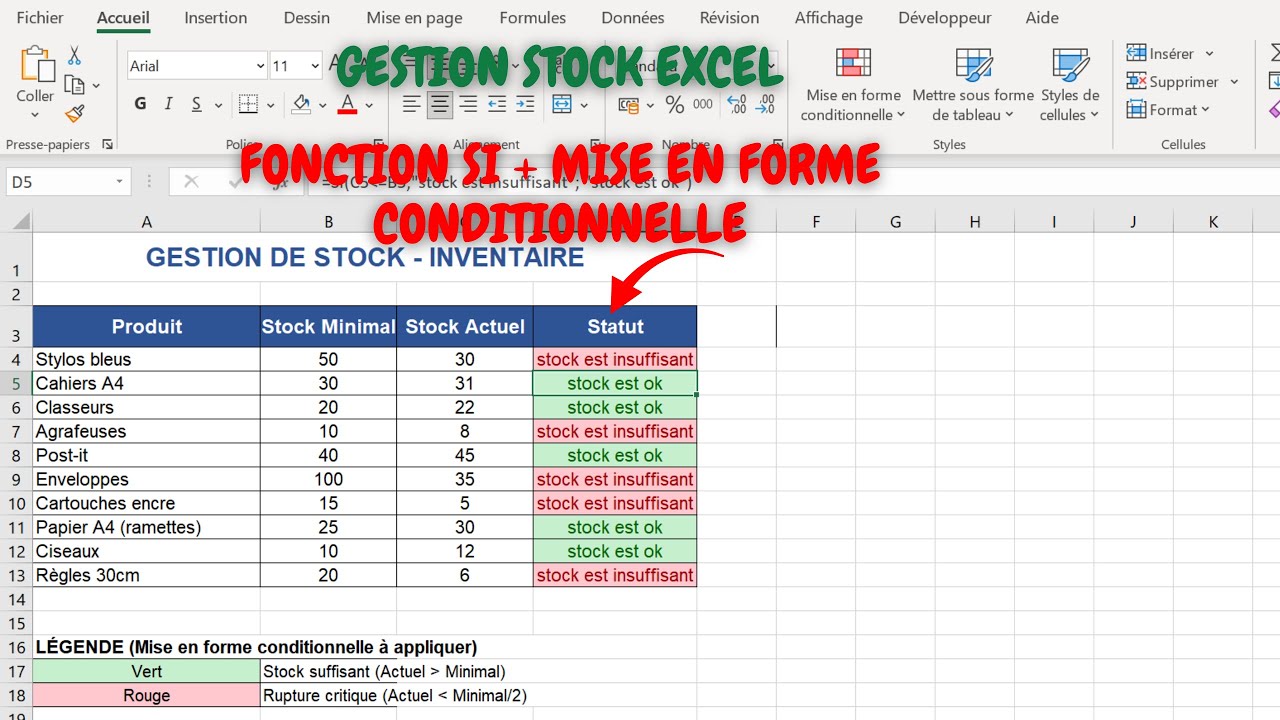 Gestion Stock Excel : Fonction SI + Mise en Forme Conditionnelle