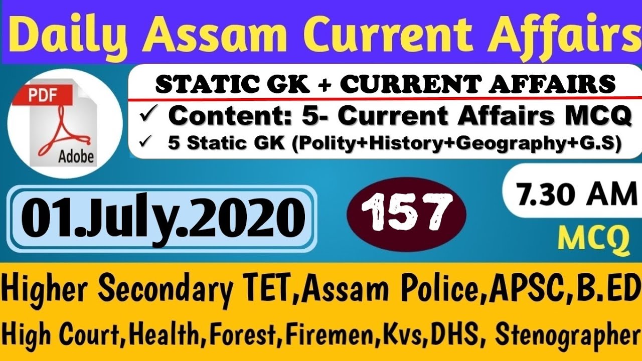 Daily Assam Current Affairs 2020|01 July 2020 |Assam State GK |General Knowledge of Assam |#157
