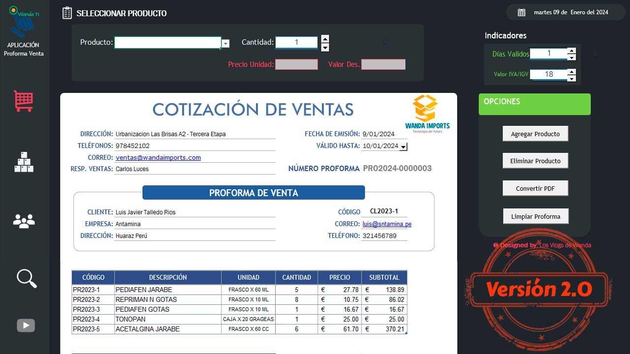 Plantilla de cotizaci&oacute;n de ventas Versi&oacute;n 2.0 hecho en Microsoft Excel
