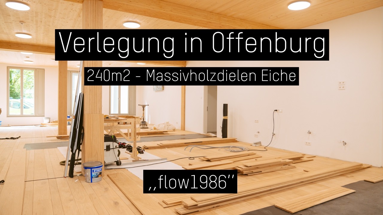 240 m² Eiche massiv in Breiten von 100–300 mm - Verlegung im ,,flow1986'' in Offenburg