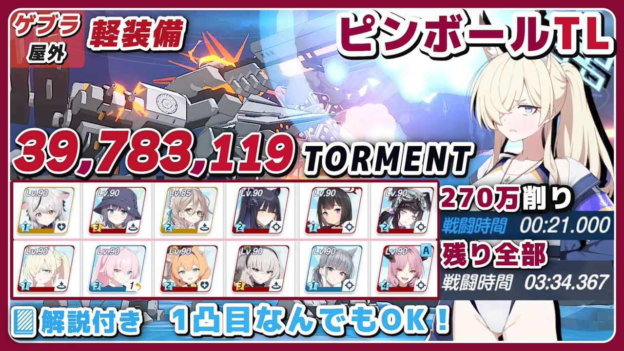 【ブルアカ】総力戦 ゲブラ Torment ほぼ1凸 ピンボール 屋外 軽装備  解説 39,783,119 爆発【ブルーアーカイブ】