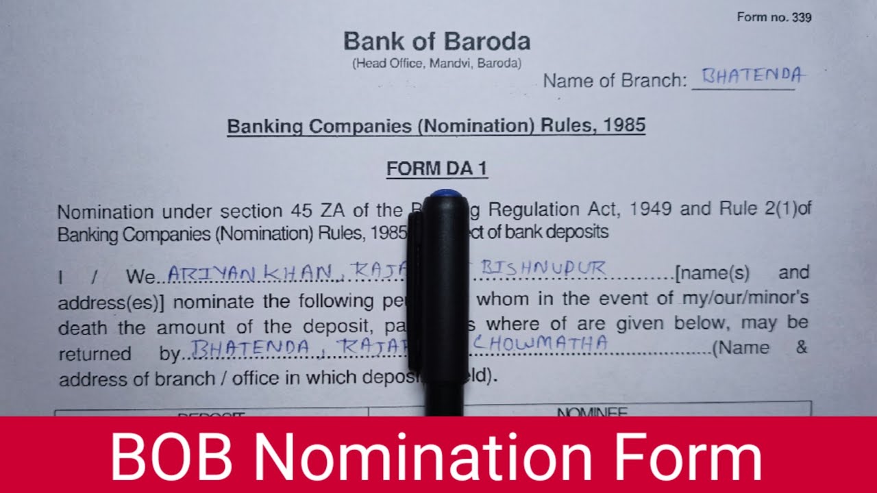 Bank Of Baroda Nomination Form Fill Up | BOB Nomination Form DA-1 | Nomination Form Fill Up