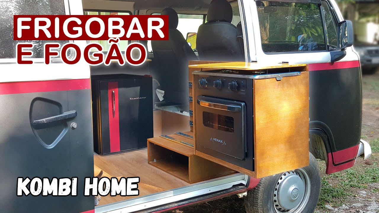 FRIGOBAR 12v e FOGÃO na KOMBI HOME - Como montamos os móveis!