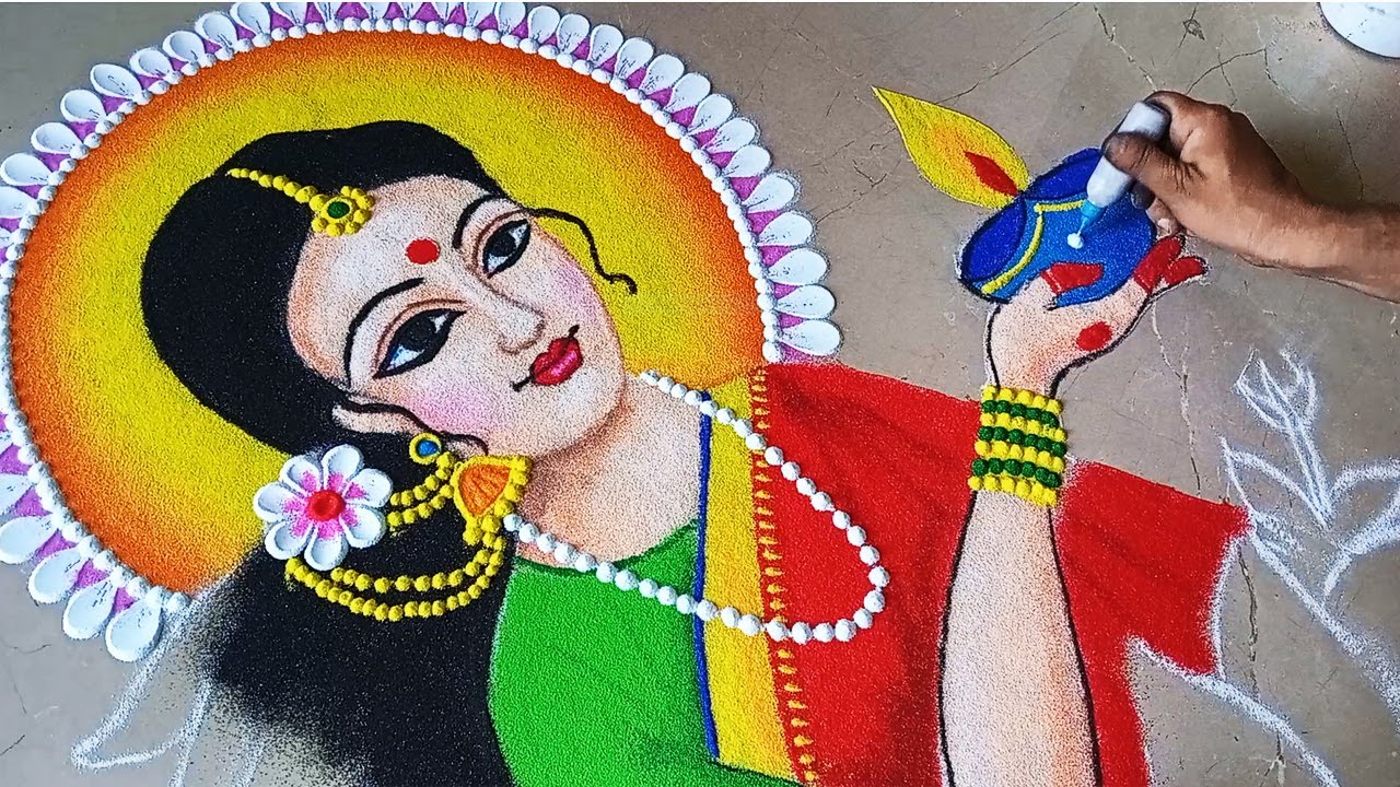 New Ladies with diya in hand rangoli. Diwali special ladies rangoli. full tutorial.