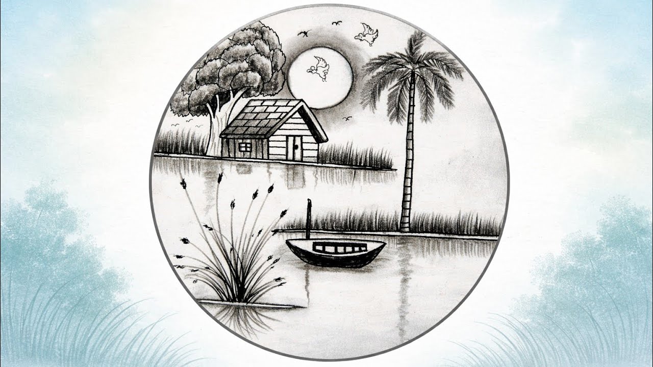 Peaceful River Village Scenery Drawing