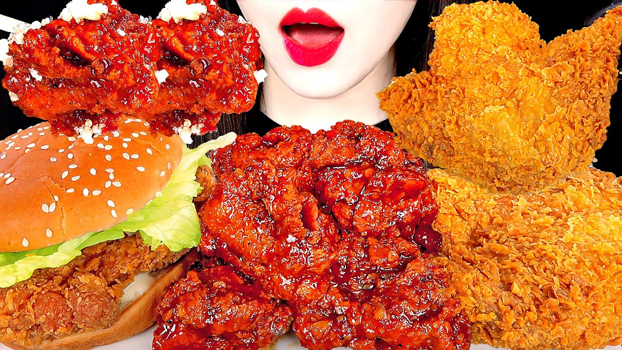 ASMR FRIED CHICKEN, SPICY CHICKEN, BURGER 맘스터치 싸이버거, 꿀간장누룽지치킨, 후라이드닭다리 먹방 MUKBANG 咀嚼音 | ZOEY ASMR