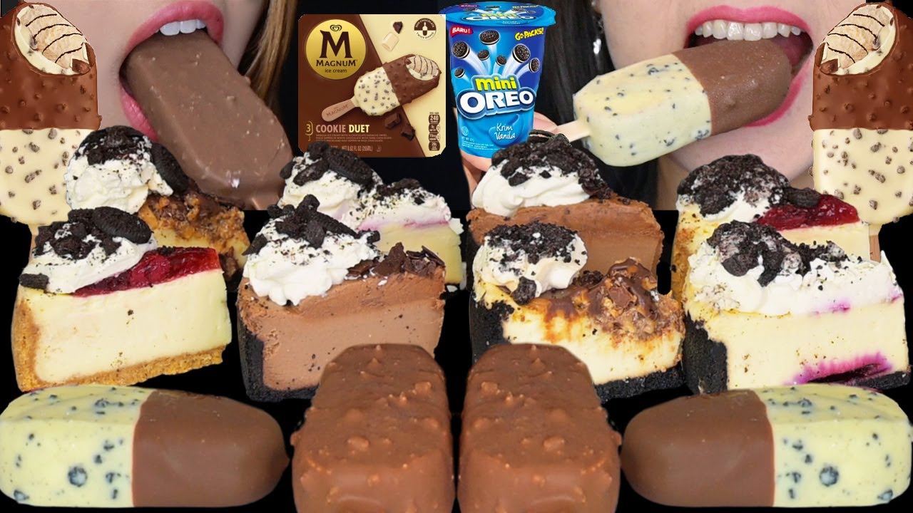 ASMR CHEESECAKE FACTORY SAMPLER & MAGNUM COOKIE DUO ICE CREAM BARS *SNICKERS, OREO, CHOCOLATE* 먹방