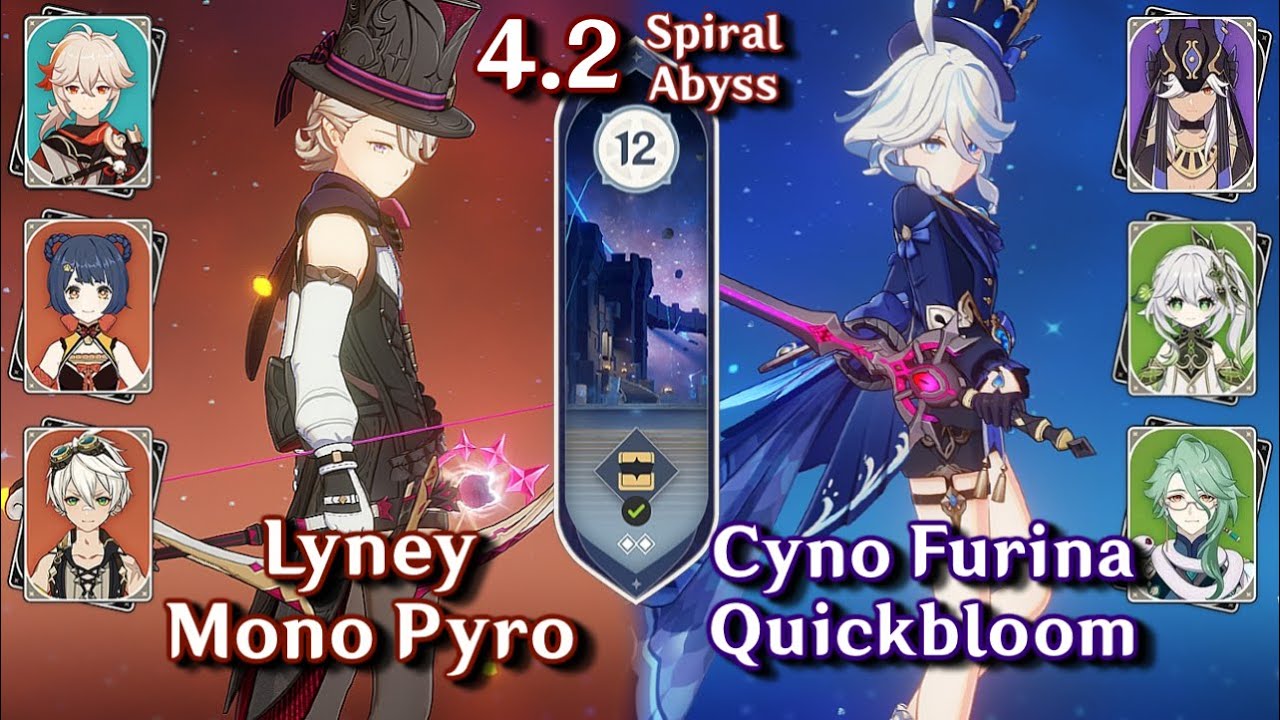 C0 Cyno Furina Quickbloom & C0 Lyney Mono Pyro | Spiral Abyss 4.2 - Floor 12 9 Star | Genshin Impact