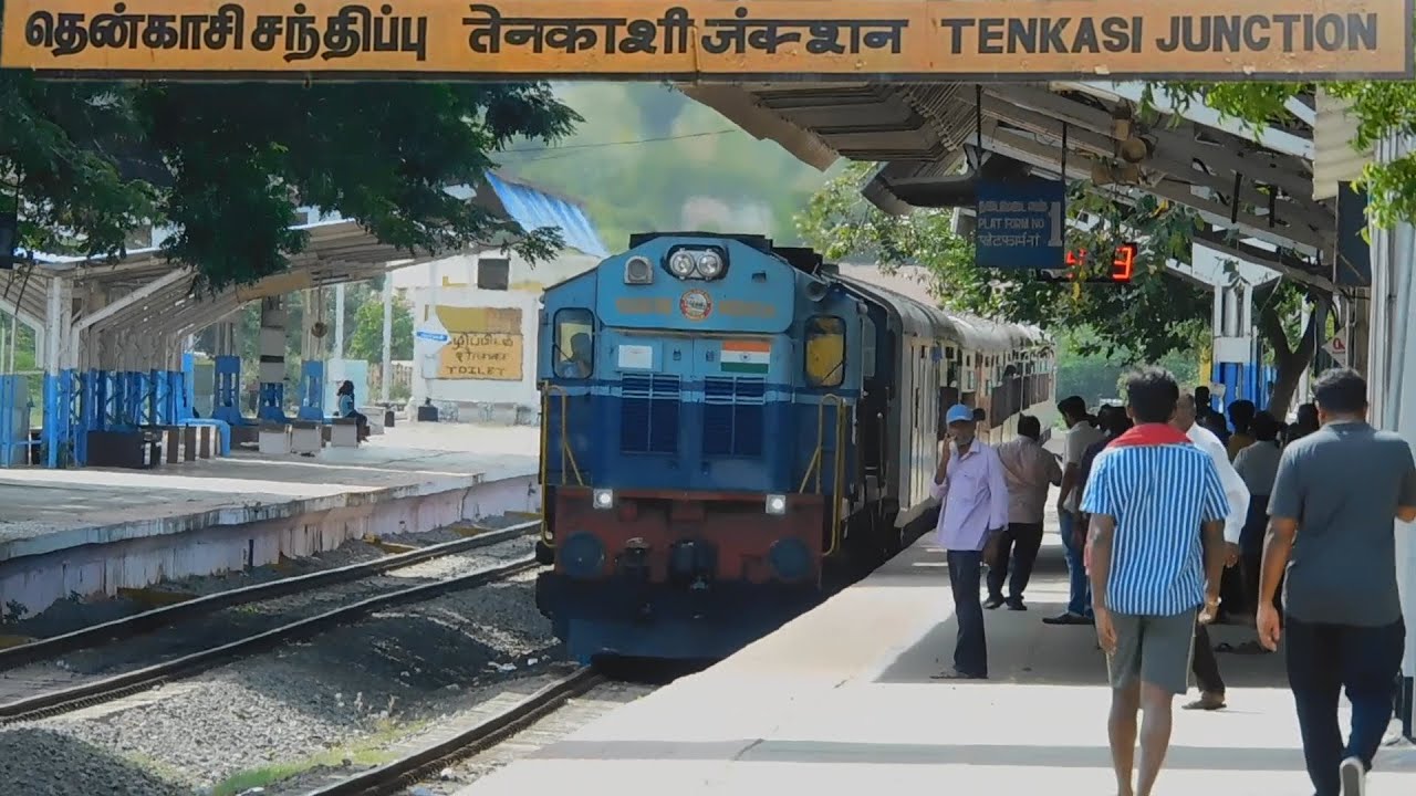 Arriving Tenkasi Junction, From Chennai Egmore to Sengottai - POTHIGAI SF EXPRESS with Diesel Twins.