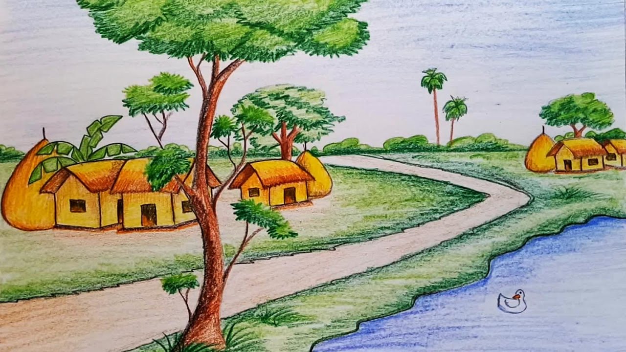How to draw village scenery step by step