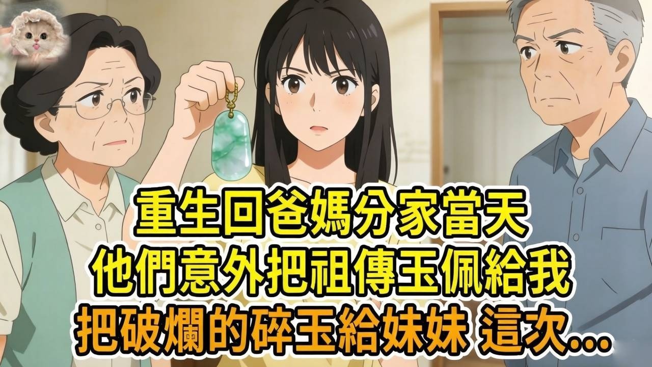 上一世，爸媽把祖傳玉佩給妹妹，碎玉給我。妹妹玉佩被騙光家產，我碎玉竟是古董變現千萬，拒還債被爸媽害死。再睜眼，分家時他們要把玉佩給我，碎玉給妹妹。