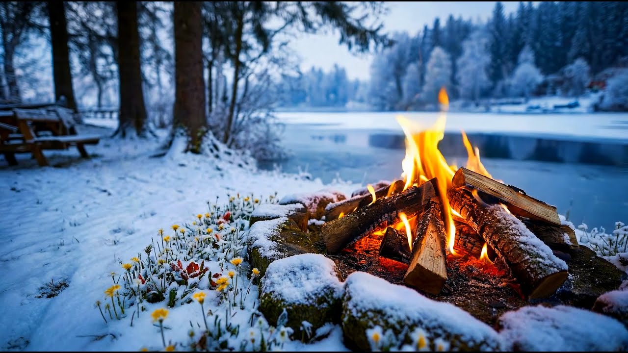 Instant Sleep Mode 🔥😴 Cozy Campfire by Frozen Lake for Fast Relaxation