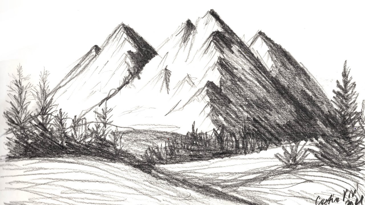 Desen in creion cu peisaj cu munti pe hartie | Pencil drawing of a mountain landscape on paper