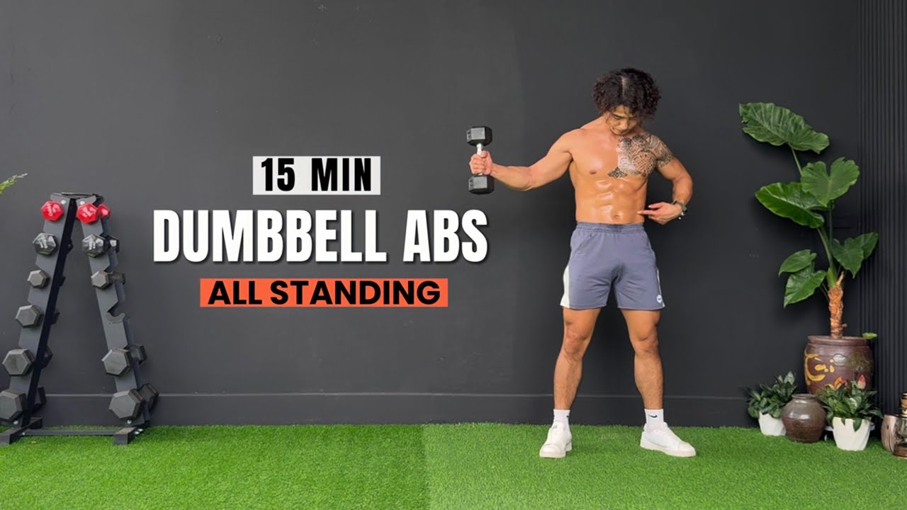 15 Min STANDING ABS Workout | 6 Pack Ab & Obliques Workout With Dumbbell | No Repeat