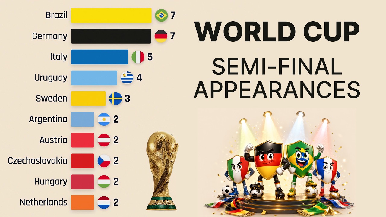 Nations with the Most FIFA World Cup Semi-Final Appearances | 1930&ndash;2022
