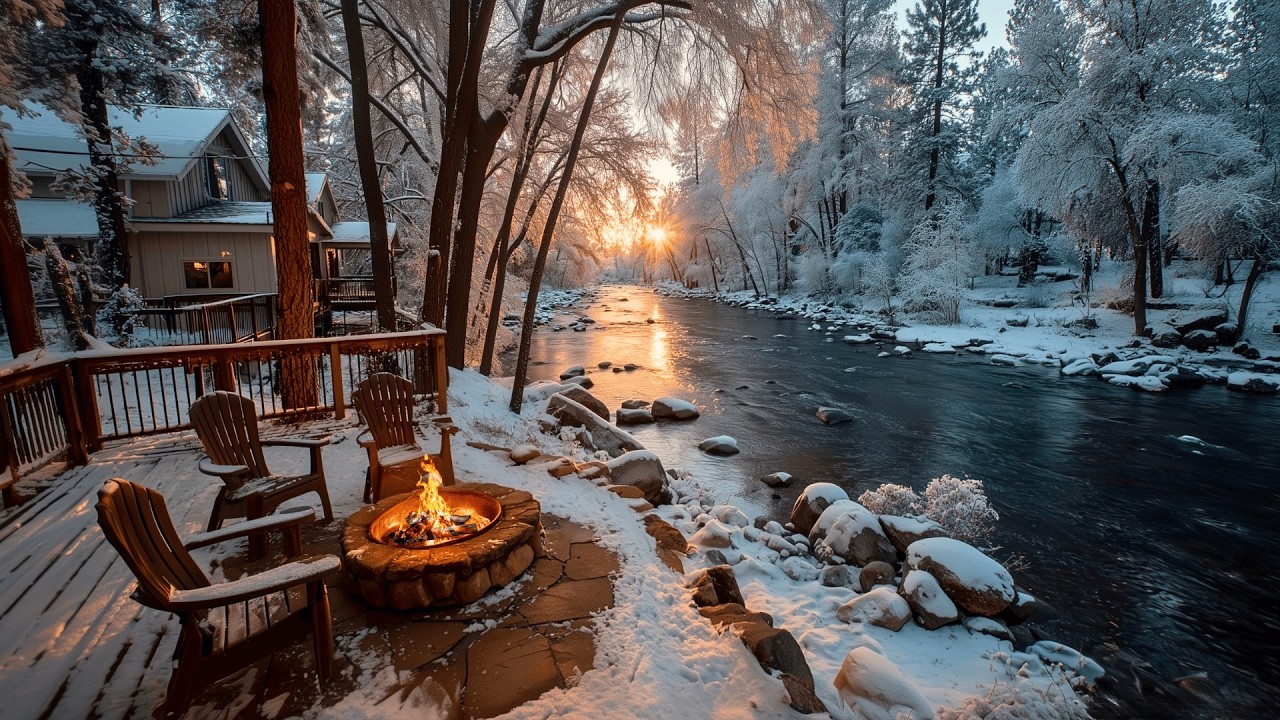 Don’t Blink… This Winter Morning Riverside Cabin Nature Sounds & Firepit Pulls You In