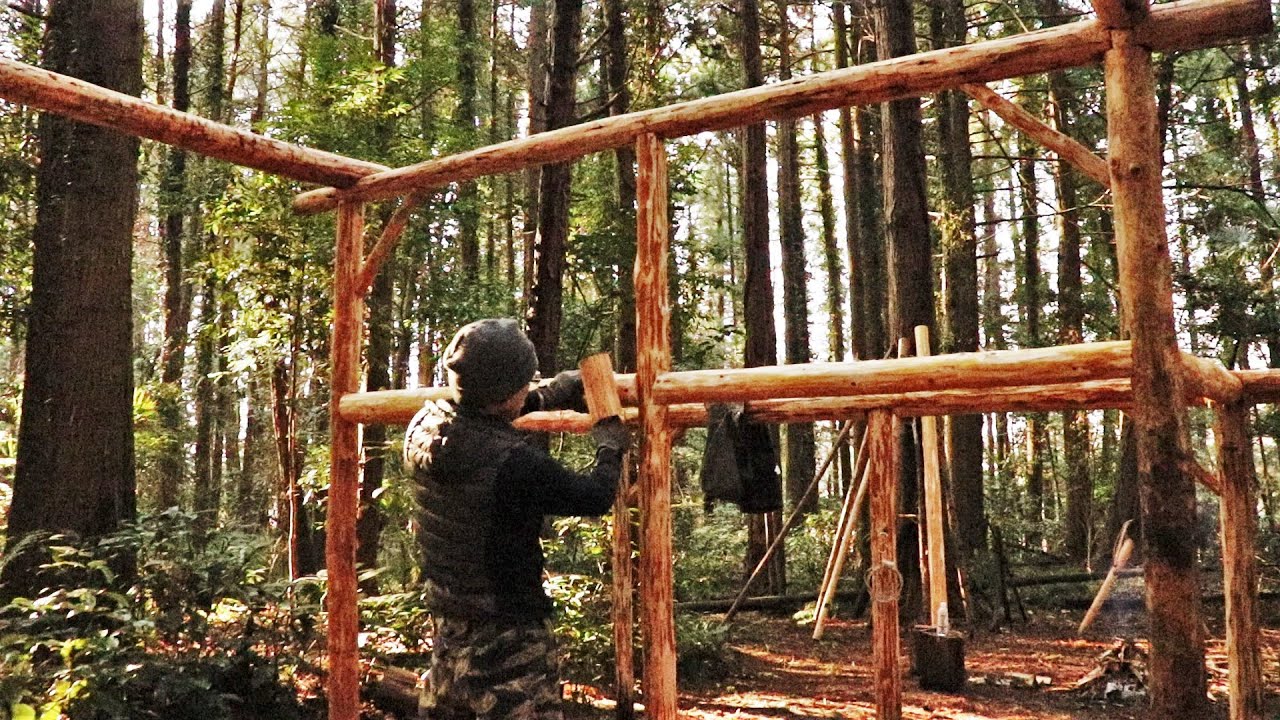 森の中に一人で建てる家 ＃3【桁を取り付ける】Build a cabin in the forest【Attach the beam】
