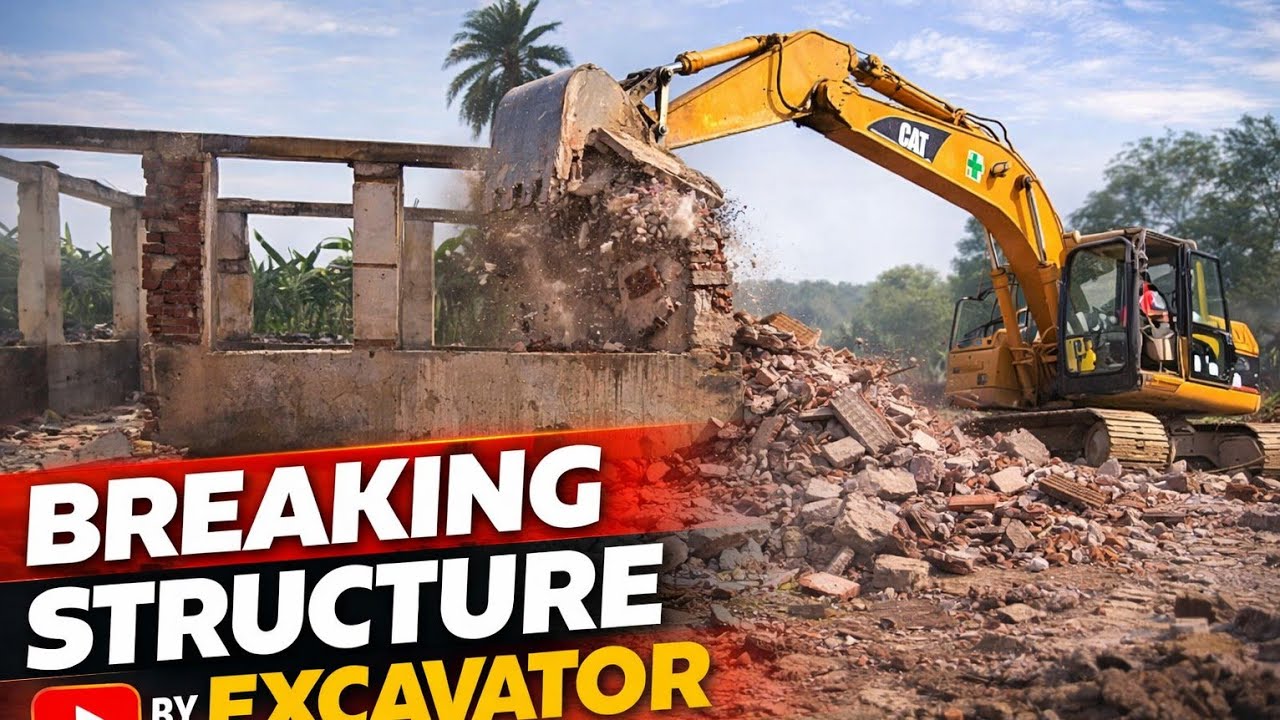 Breaking Structure by Excavator. Making crush RCC Structure. 