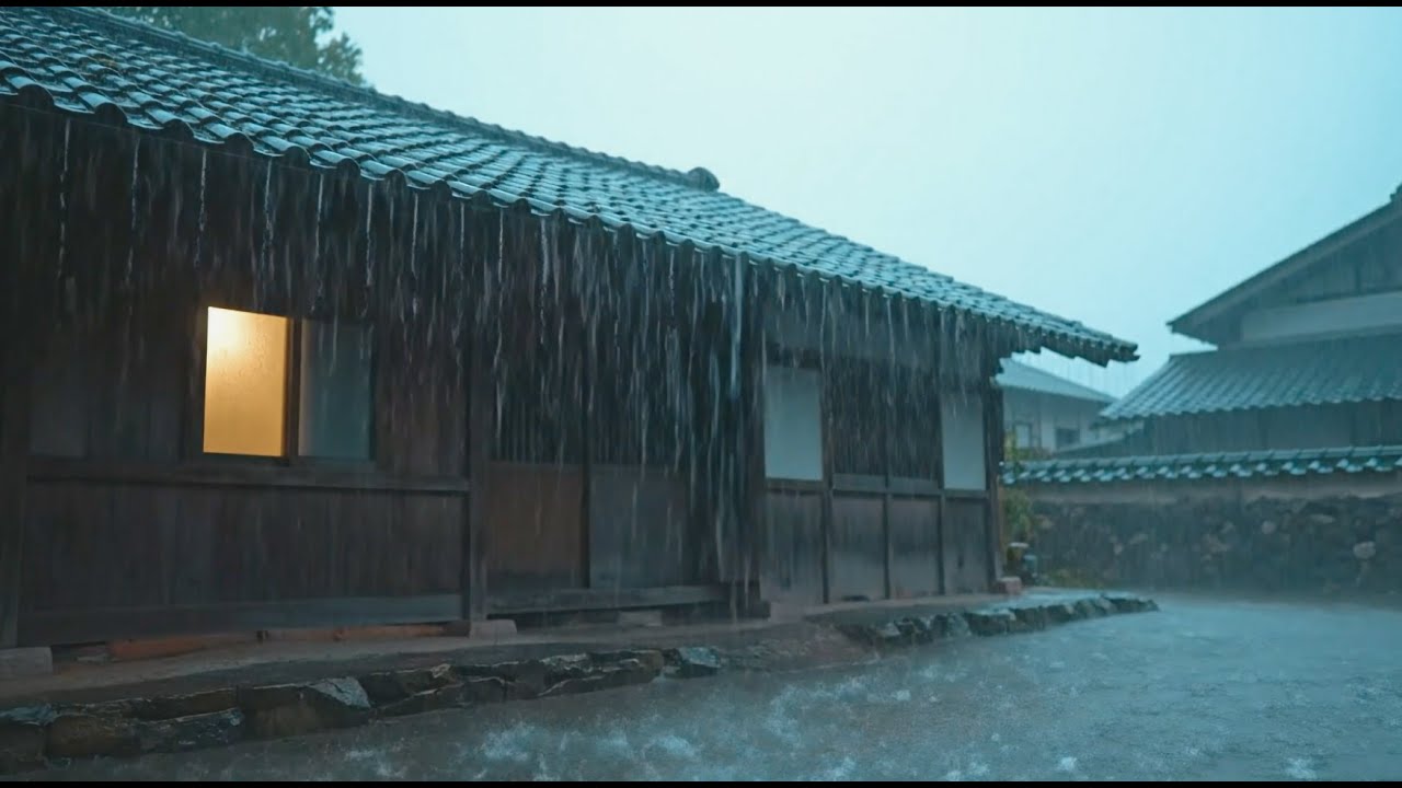 Heavy Rain at Dusk Outside a Traditional House 🌧️🏡 | Cozy Night Ambience #asmr  #asmrsounds