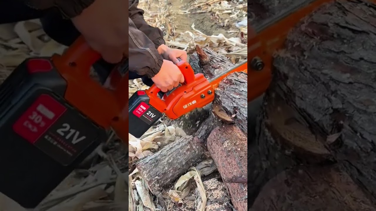 Powerful Portable Electric Mini Chainsaw Cutting Large Wood Logs