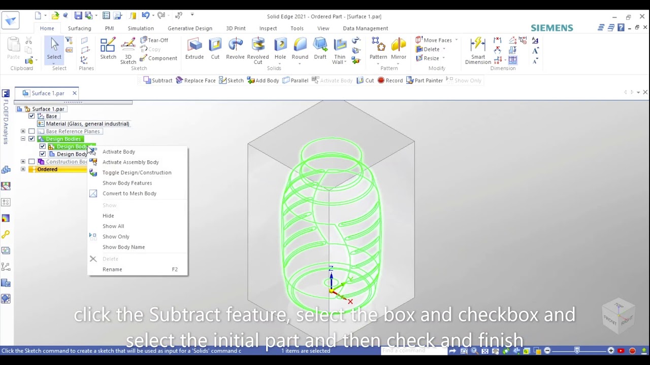 Solid Edge 2021 - Tutorial - Substract & Split Body