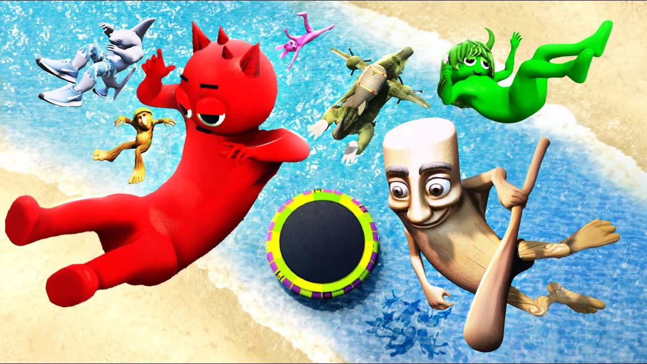 Incredibox Sprunki and Tralalelo Tralala Group Water Tampoline Jumping and Ragdolling in GTA 5