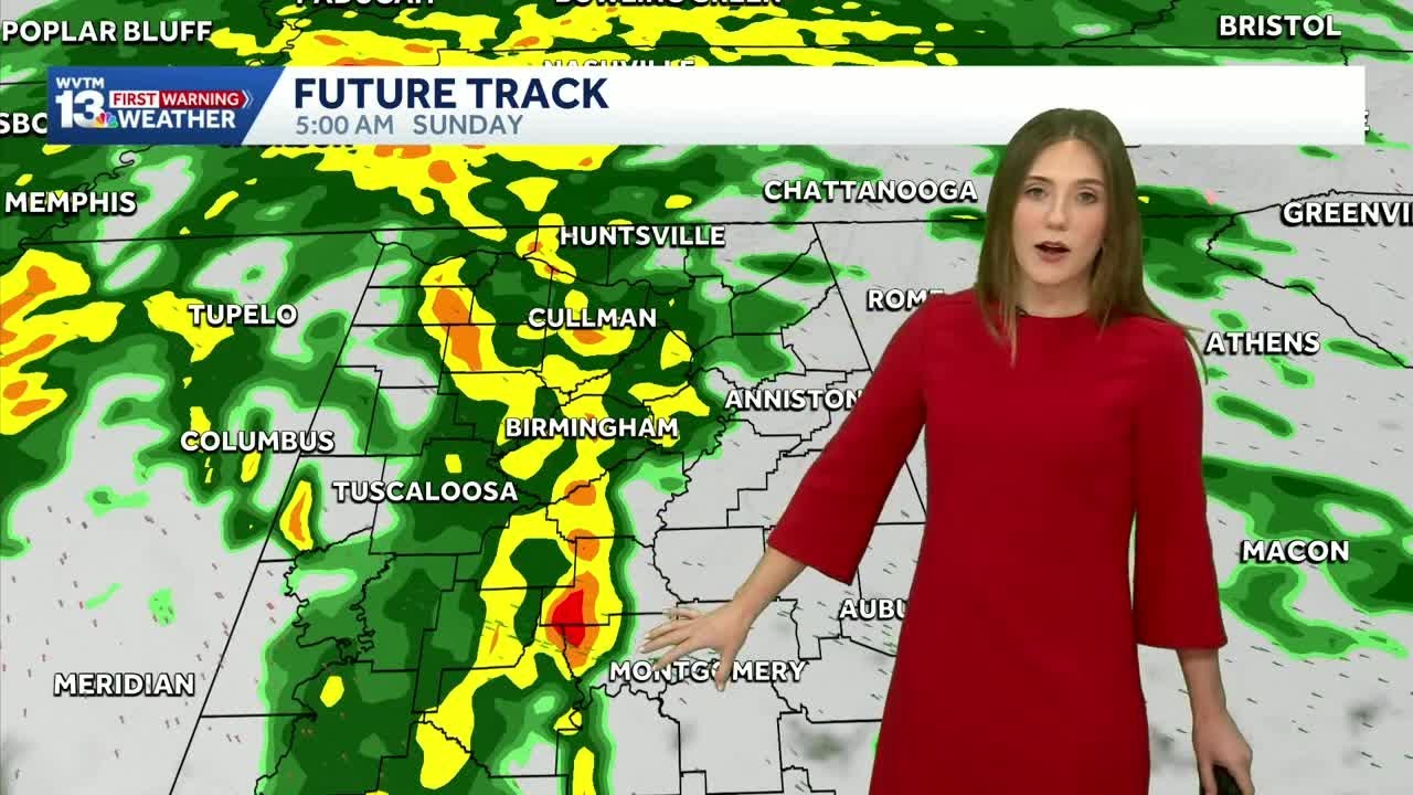 Spotty showers Saturday; heavier rain and storms possible Sunday. Highs in the 70s next week.