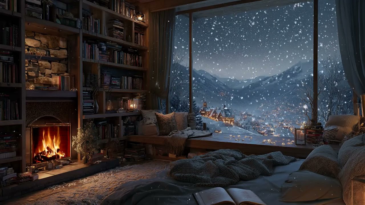 Winter Cabin Night Calm | Crackling Fire and Gentle Snow for Deep Relaxation