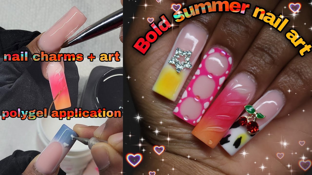 Bold and Colorful Summer Nails🍒⭐ | Polygel Application | Nail Charms + Design