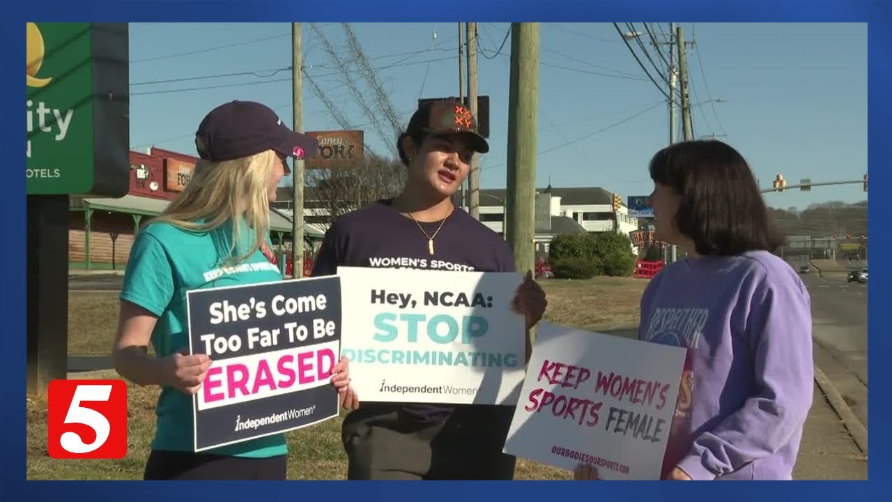 Female athletes hold demonstration outside NCAA conference over transgender sports policies