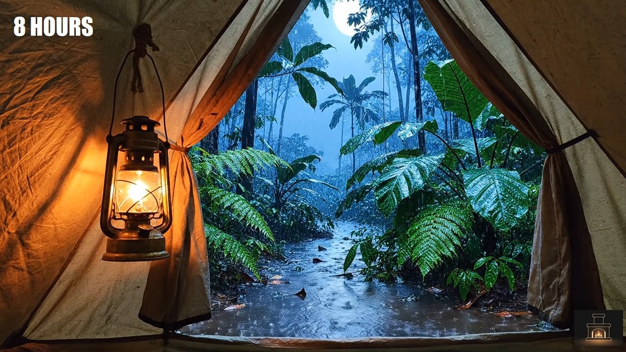 Jungle Rain on Tent at Night 🌧️ | 8 Hours Relaxing Ambience for Sleep, Study & Relaxation