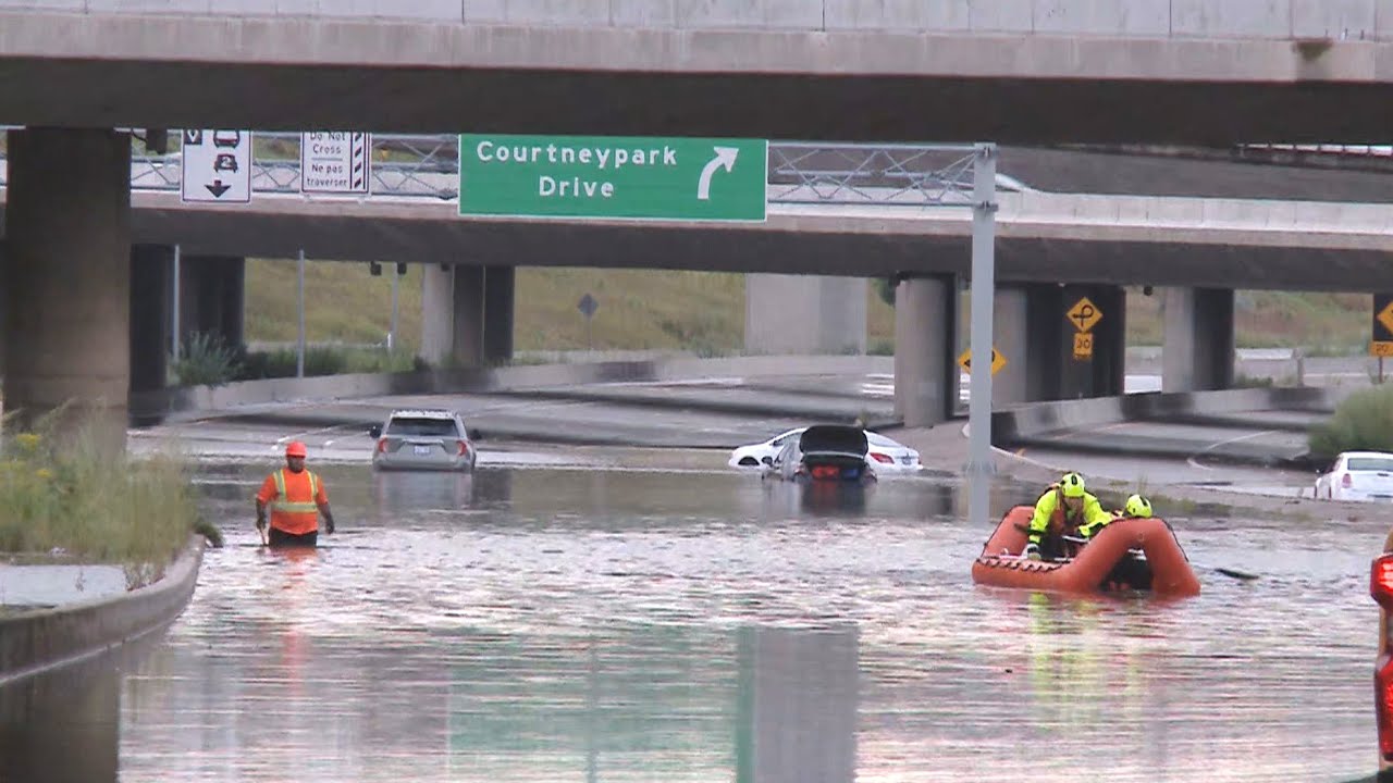 Highway 410 in Mississauga, Ontario flooded after major downpour