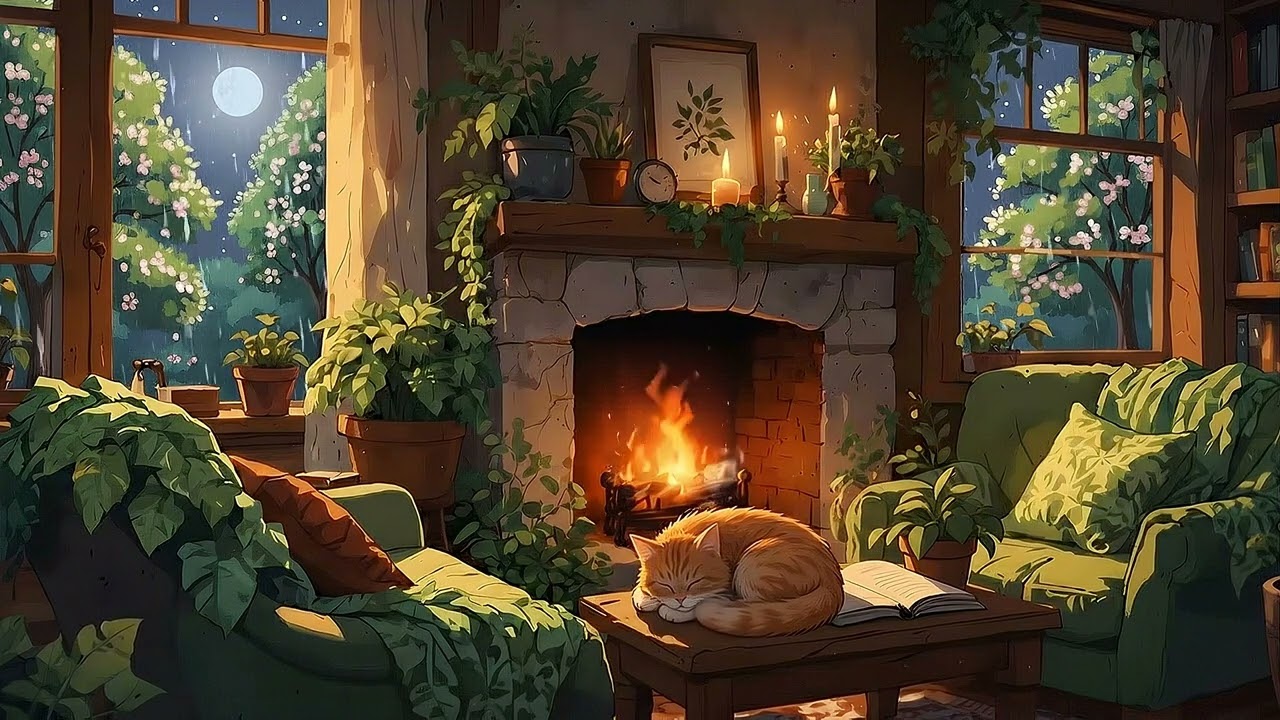 Relaxing Snowfall in a Cozy Cabin in Rainy Night with Vintage Oldies Playing in Another Room