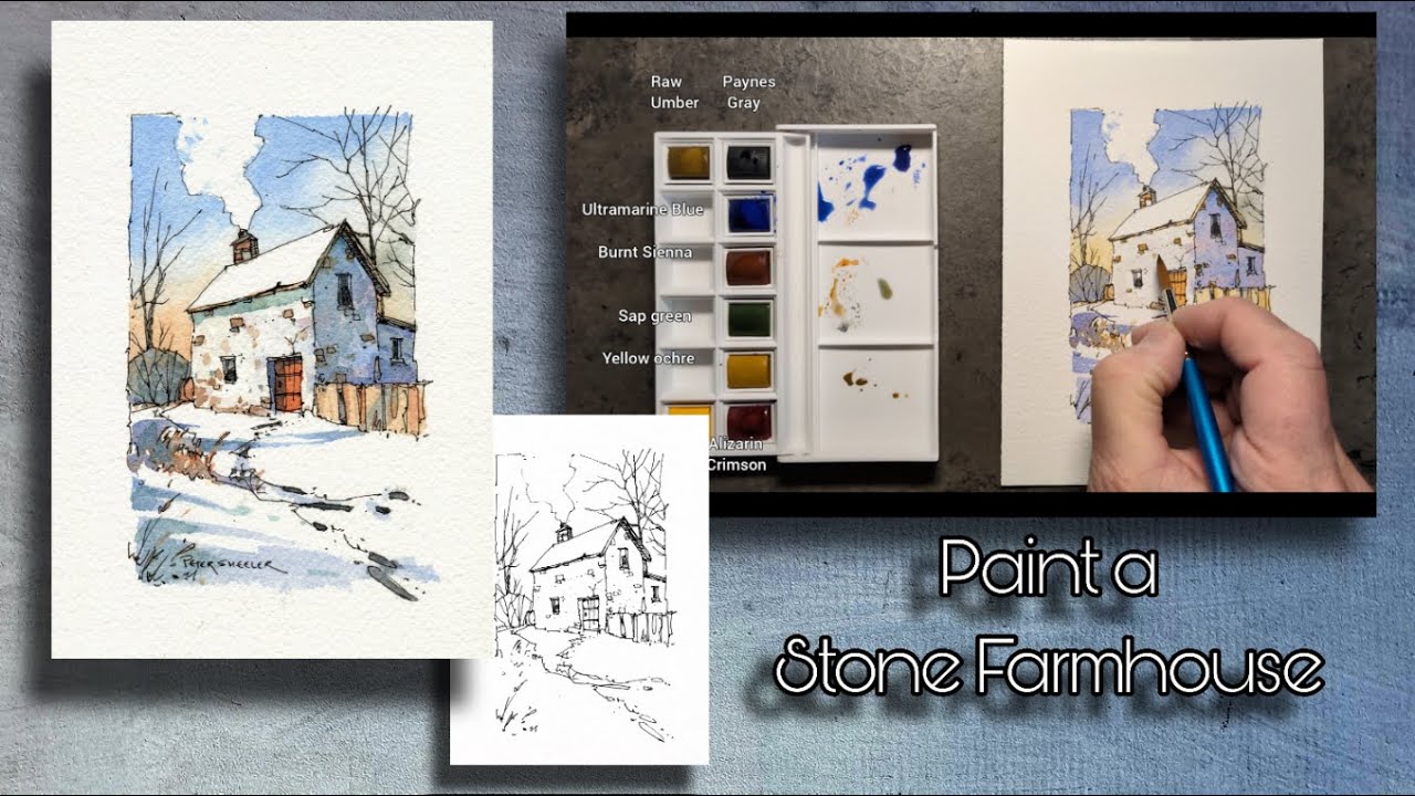 An Easy and fun Line and Wash Watercolor of an Old Stone Farmhouse in winter. Peter Sheeler