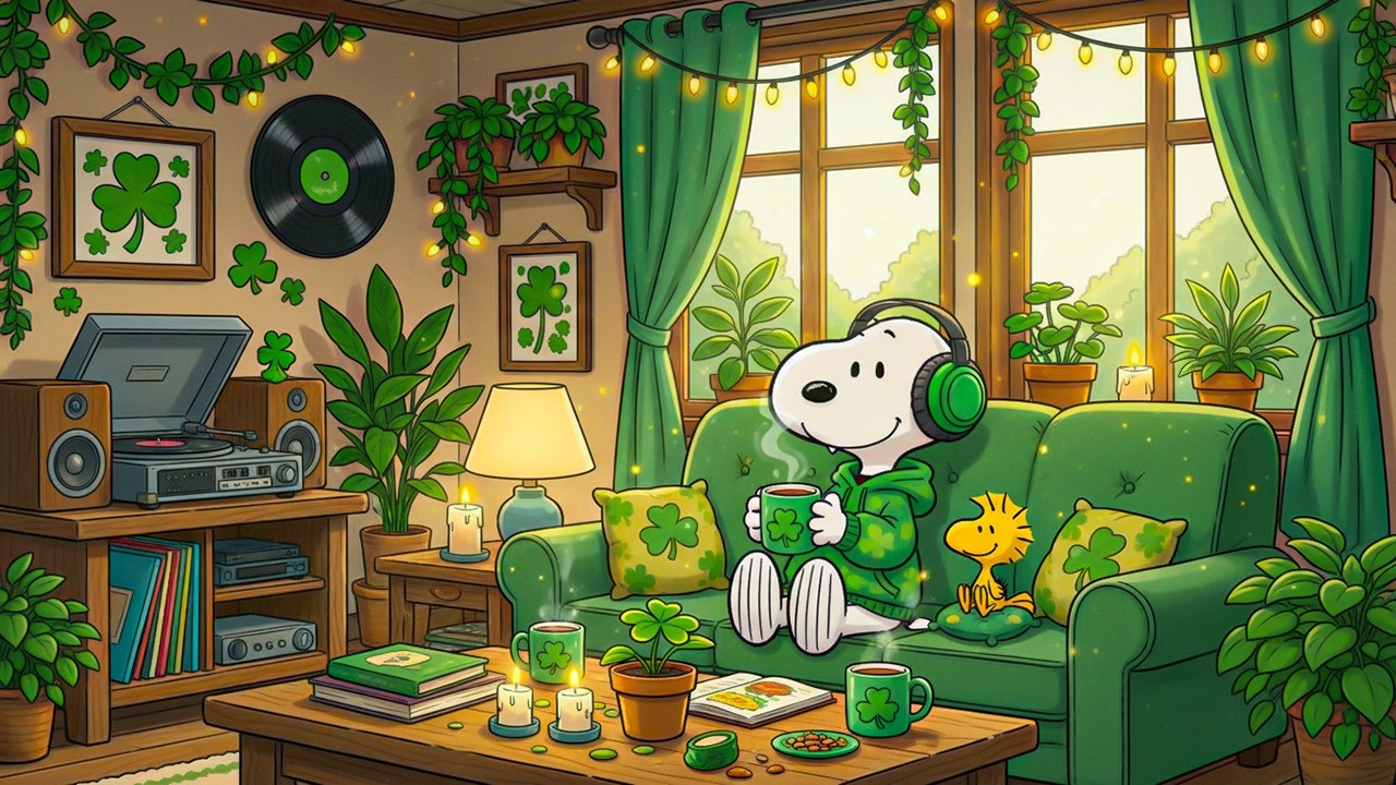 Snoopy’s Lucky St. Patrick’s Day Living Room ☘️ 🎧 Chill Lofi Beats for Study & Cozy Evening Ambience