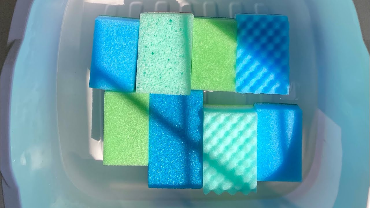 ASMR bulk wet kitchen sponge ripping - crispy foam in water 💙💚