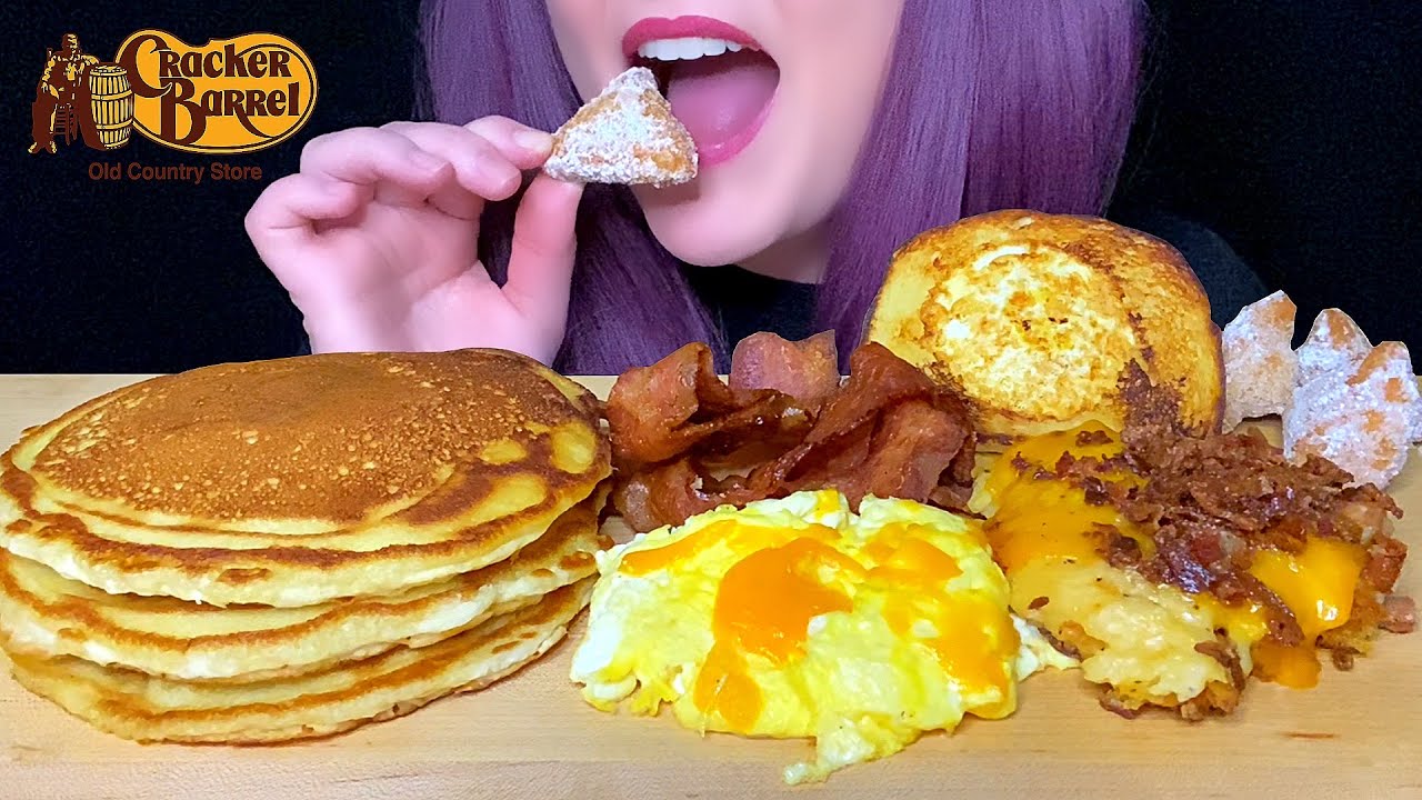 ASMR CRACKER BARREL BREAKFAST MUKBANG (NO TALKING) PANCAKES + EGGS + BACON + HASHBROWN CASSEROLE