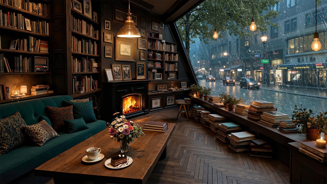 Rainy Bookstore Cafe in New York 🌧️ Warm Jazz Piano & Rain Ambience for Work, Study & Relaxation