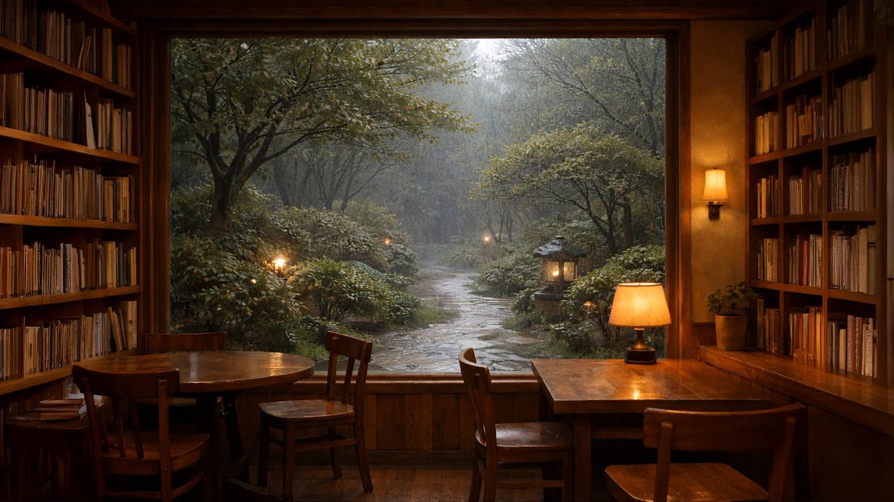 Gentle Rain Outside a Cozy Book Café Window | Calm Rain Sounds for Sleep & Relaxation (3 Hours)